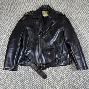 Vintage Green Briar Motorcycle Jacket Mens 42 Black Biker Faux Leather Belted 70